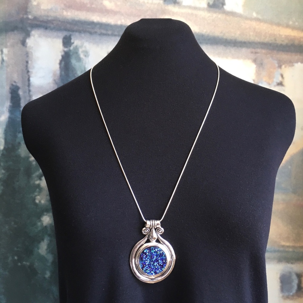Vintage Silver Tone Faux Peacock Druzy Quartz Large Statement Pendant Necklace